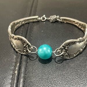 Silver Intricate Bracelet with Turquoise Bead made from Vintage Silverware